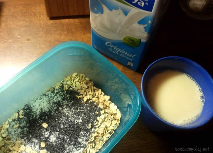ovsené vločky, mak a kokos namočíme do sójového mlieka